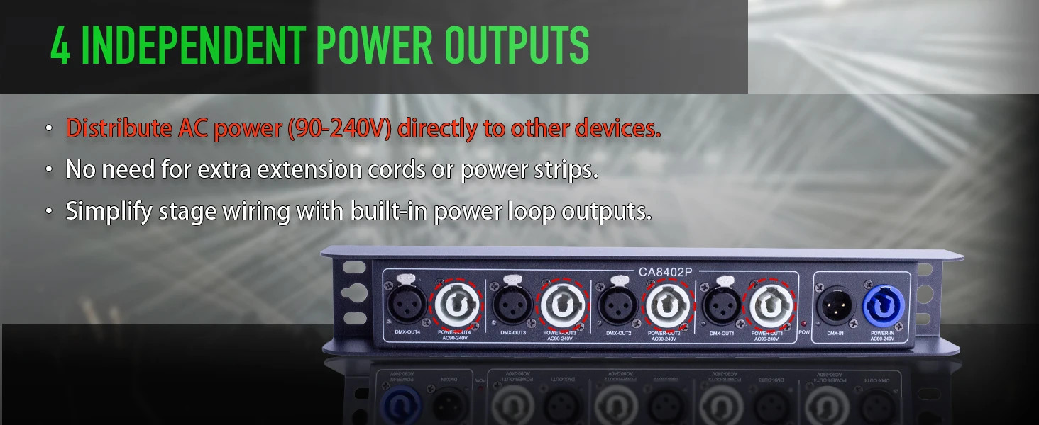 CA8402P 1-In 4-Out DMX512 Splitter 4 PowerCON AC Outputs Optically Isolated