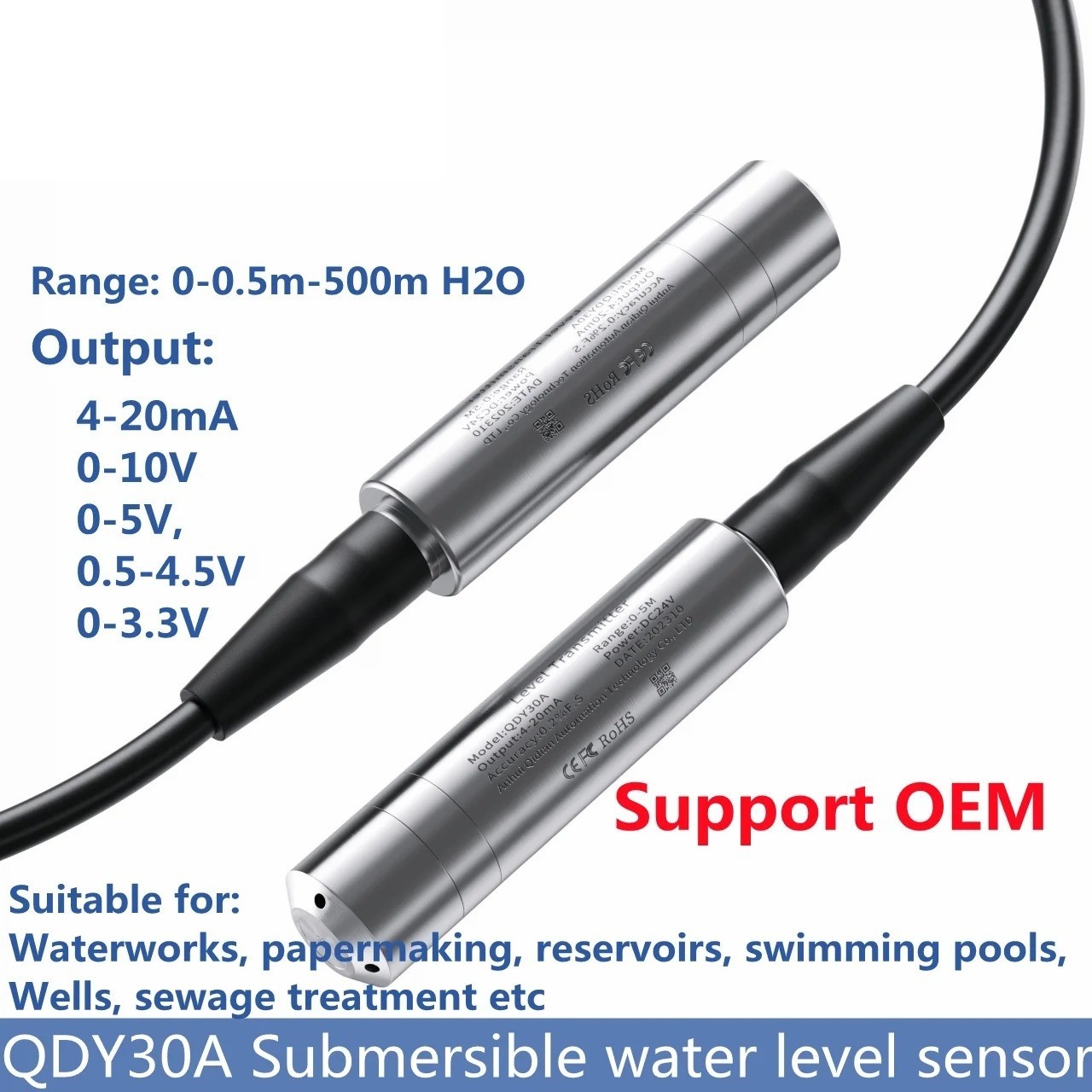 Water Level Sensor Hydrostatic Submersible QDY30A Transmitter 4-20mA 0-10V RS485