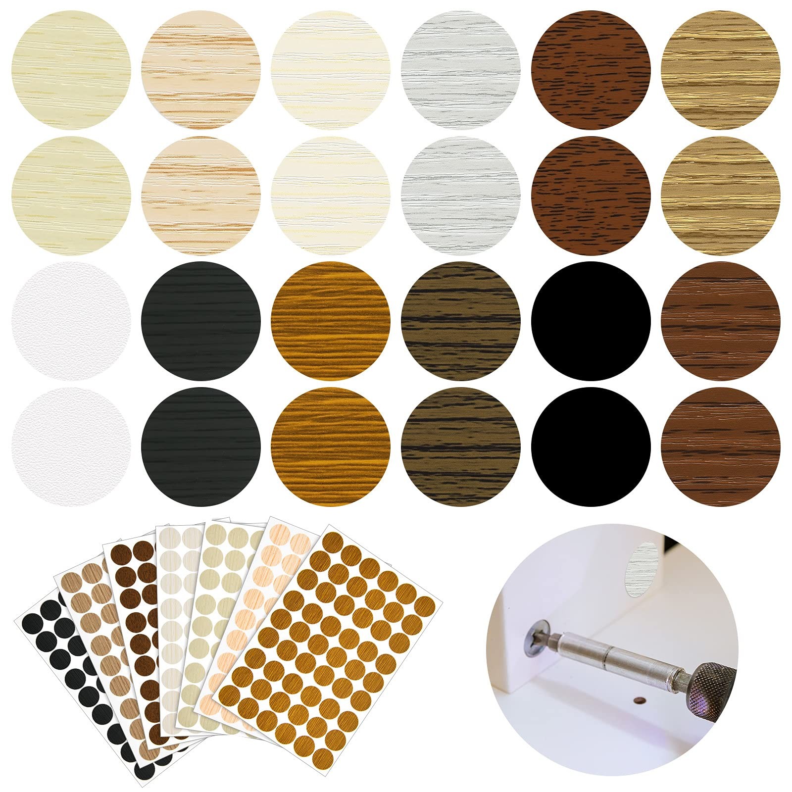 Tenare 648 Pieces Adhesive Screw Hole Cover Stickers Wood Grain 12 Colors