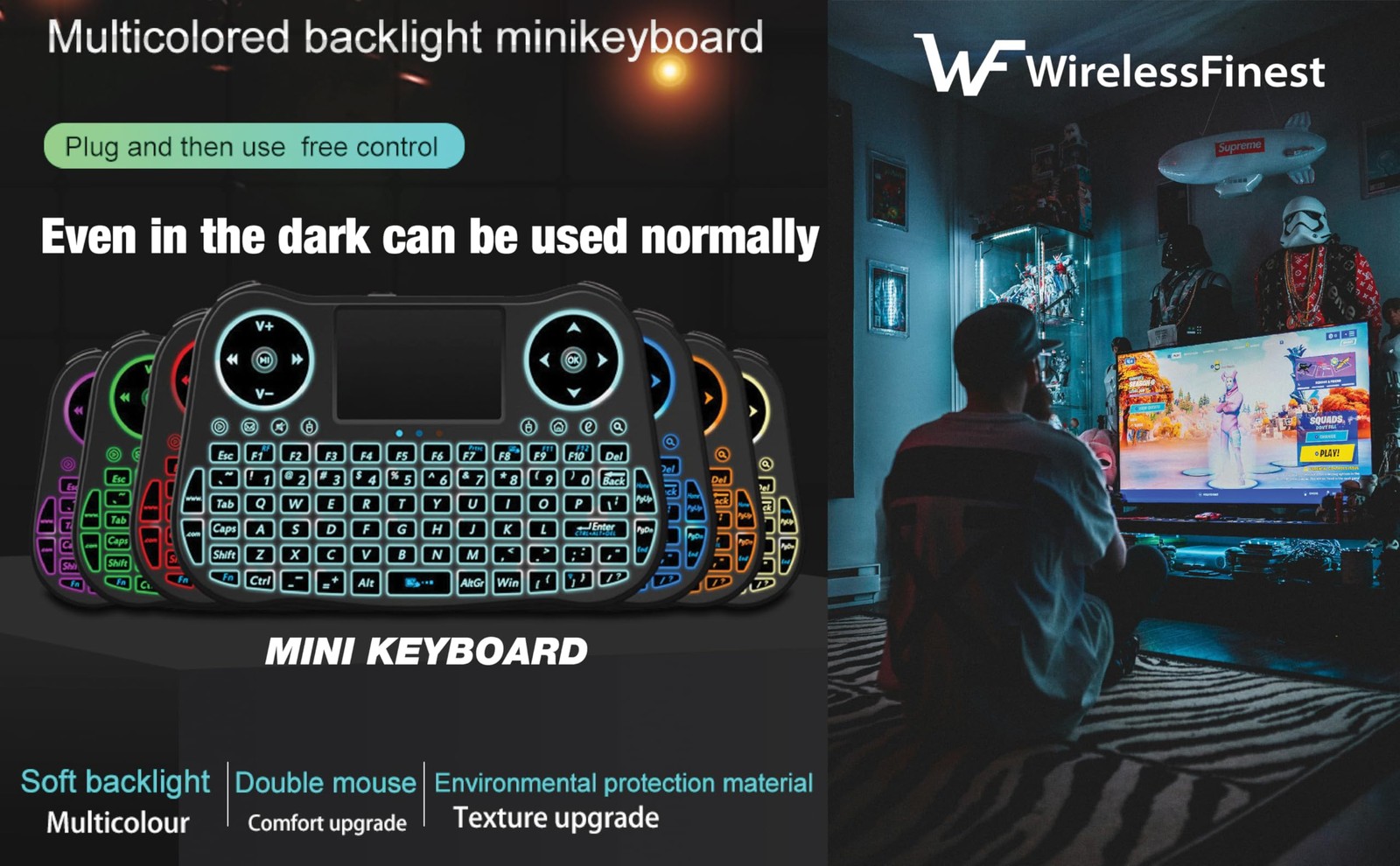Wireless Mini Handheld Smart TV Remote Keyboard Touchpad Mouse Combo Black