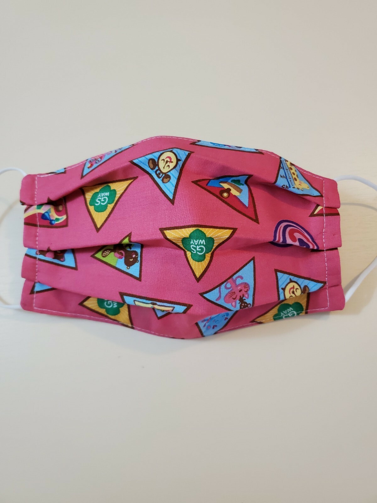 Adult Face Mask, Girl Scouts, GSA, Badges on Pink, GS Way, Toss Print Fabric