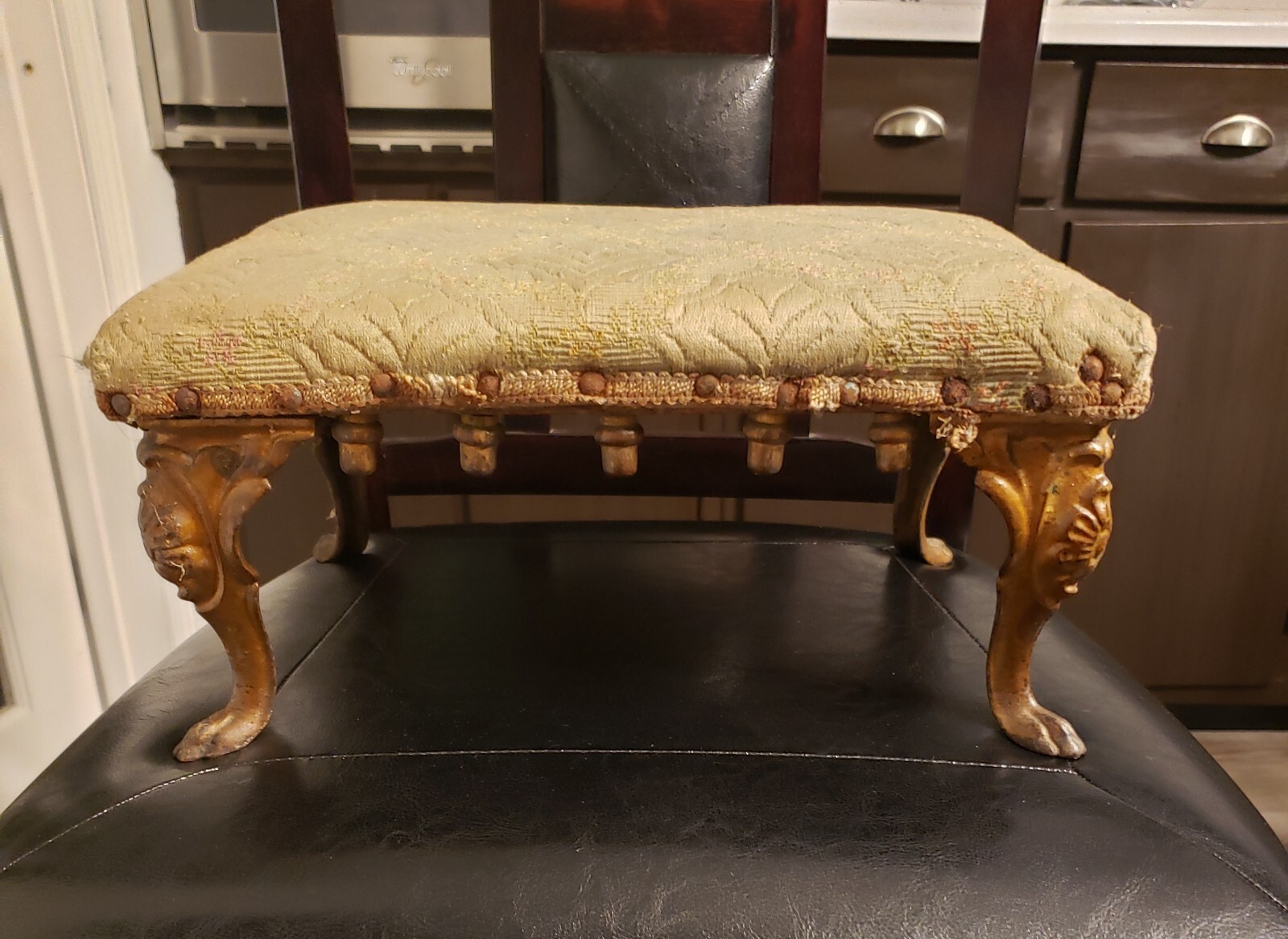 Antique Victorian Cast Iron Legs Footstool Original 1800's Sage Green 
