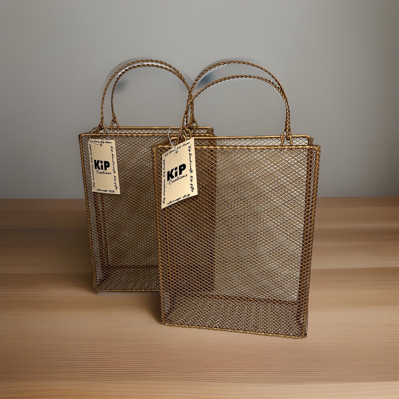Wired Mesh Metal Baskets Bag Shaped With Handles Brass Tone Pair Tabletop NOS