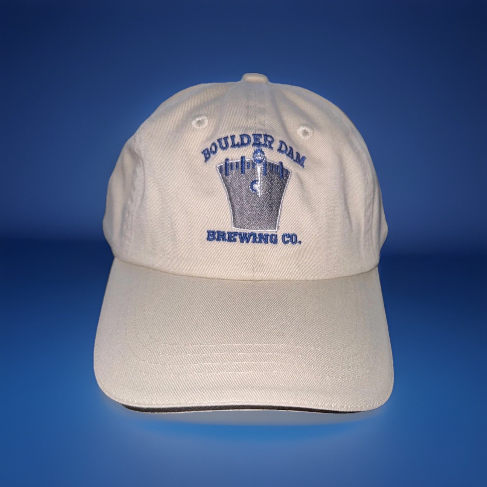 Boulder Dam Brewing CO In Blue On Ivory Cotton Hat Cap w Keg Cotton Hook Loop
