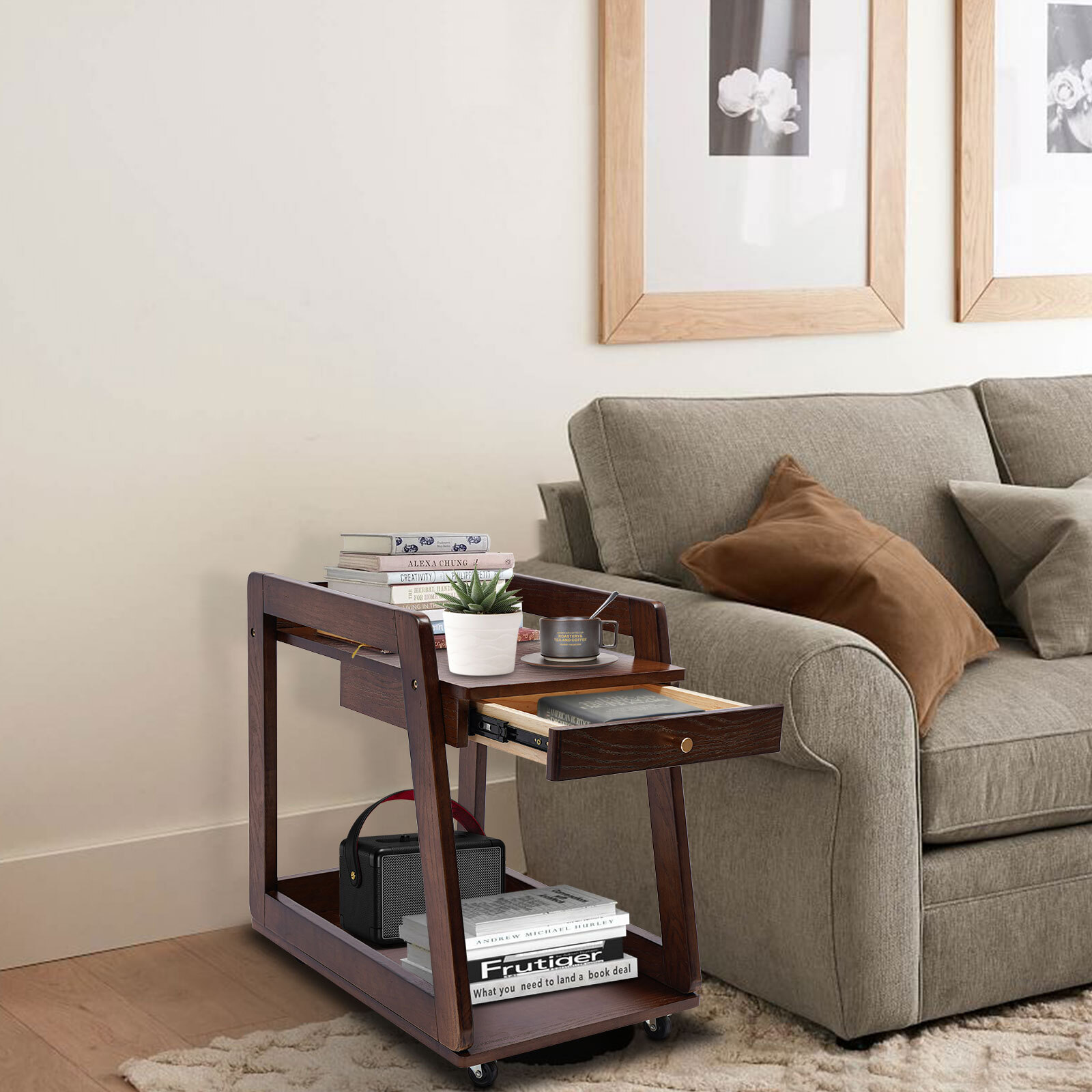 Walnut Retro Wood End Table, 2-tier Side Table, Storage Couch Table with Wheels