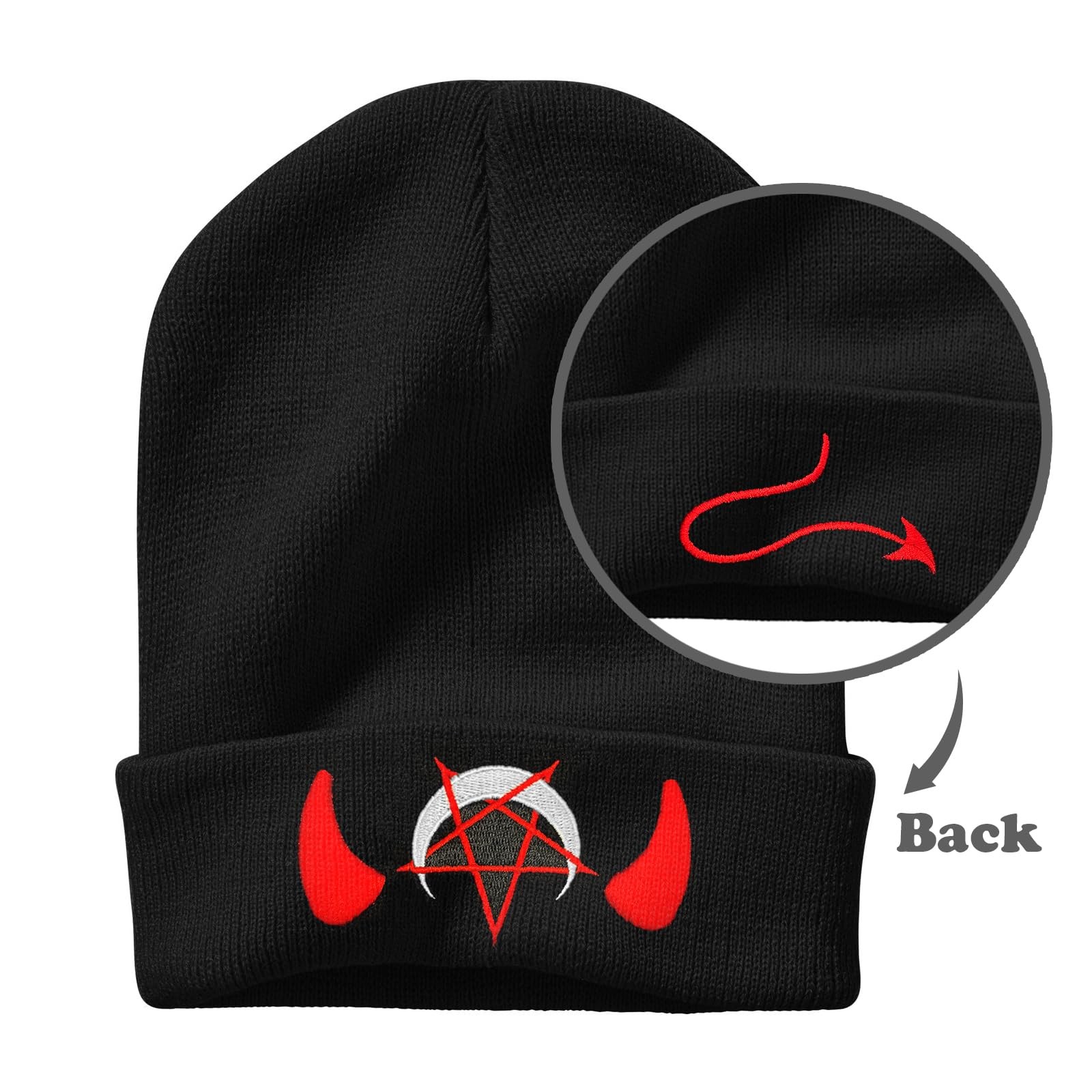 Goth Spooky Horror Demon Devil Horned Embroidery Beanie Black Knit Hat for Me...