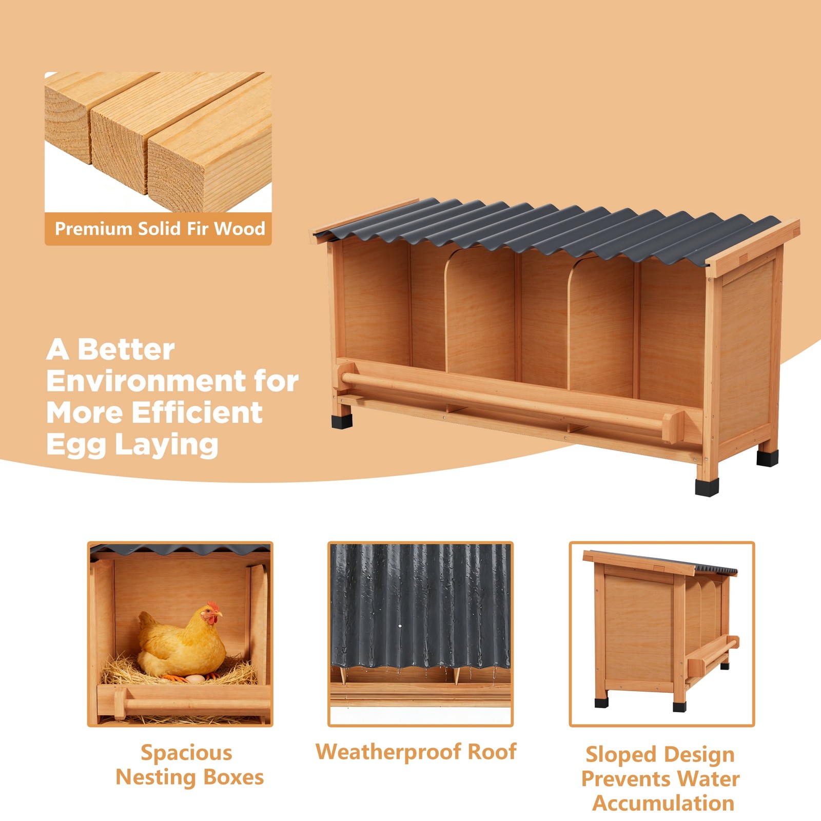 Wooden Chicken Nesting Boxes with Entry Perch and Privacy Panel Fits 6 Hens