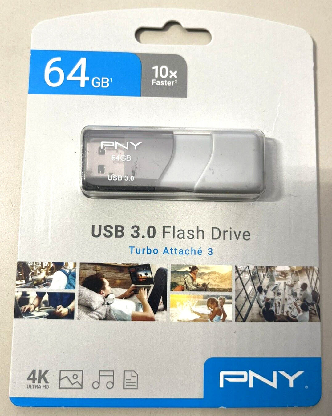 Lot of 2 PNY Turbo Attaché 3, 64GB USB 3.0 Flash Drive, 10X Faster, 4K Ultra HD