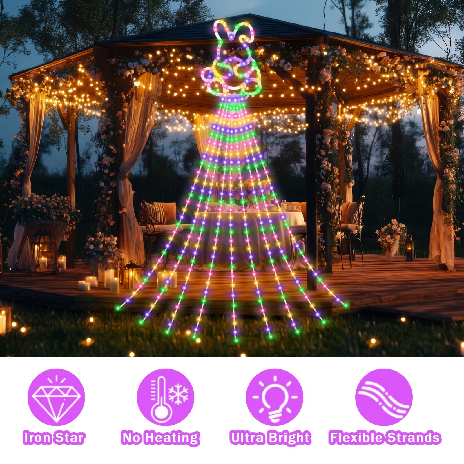 Huquary 12 ft Easter Bunny Waterfall String Lights with 305 LED Multicolor