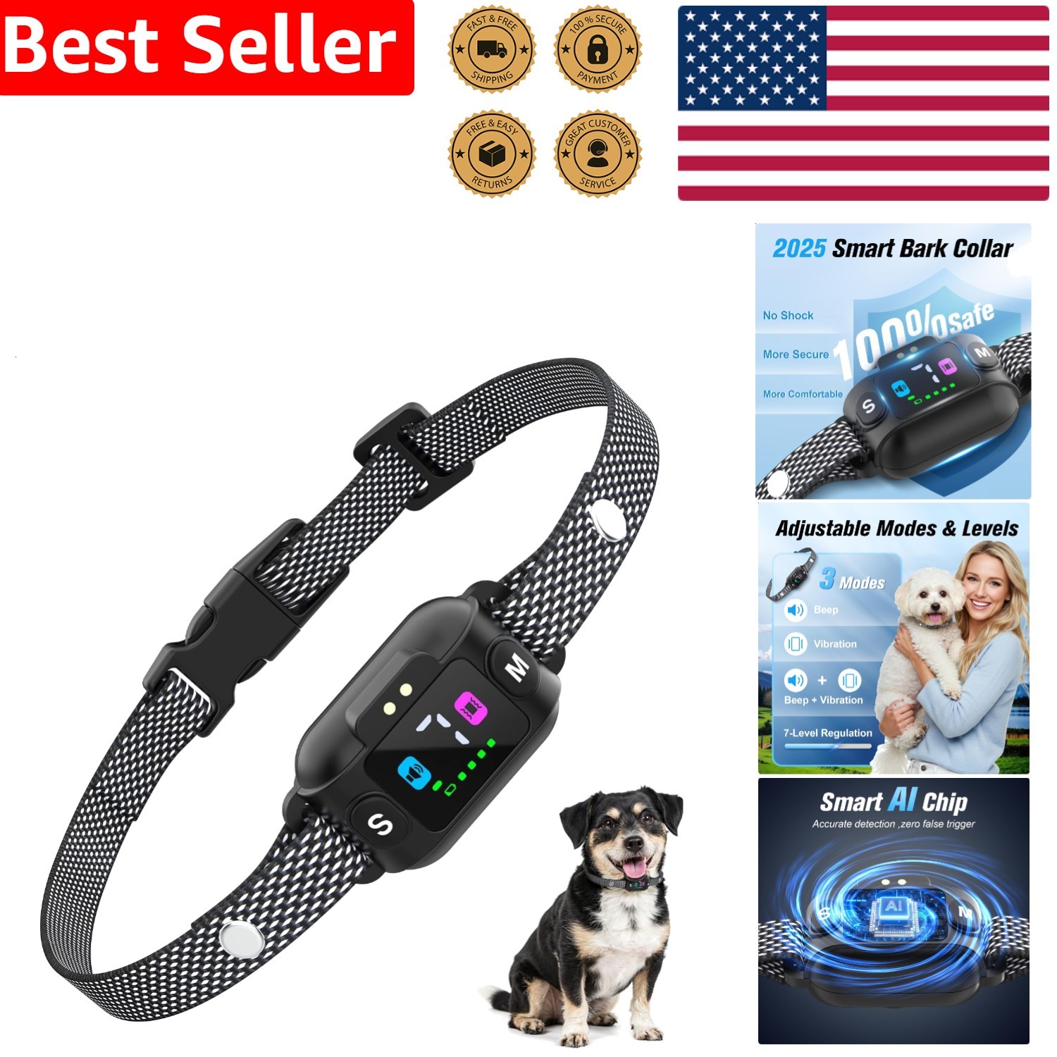 Waterproof No Shock Bark Collar - Rechargeable 3 Modes Adjustable Sensitive