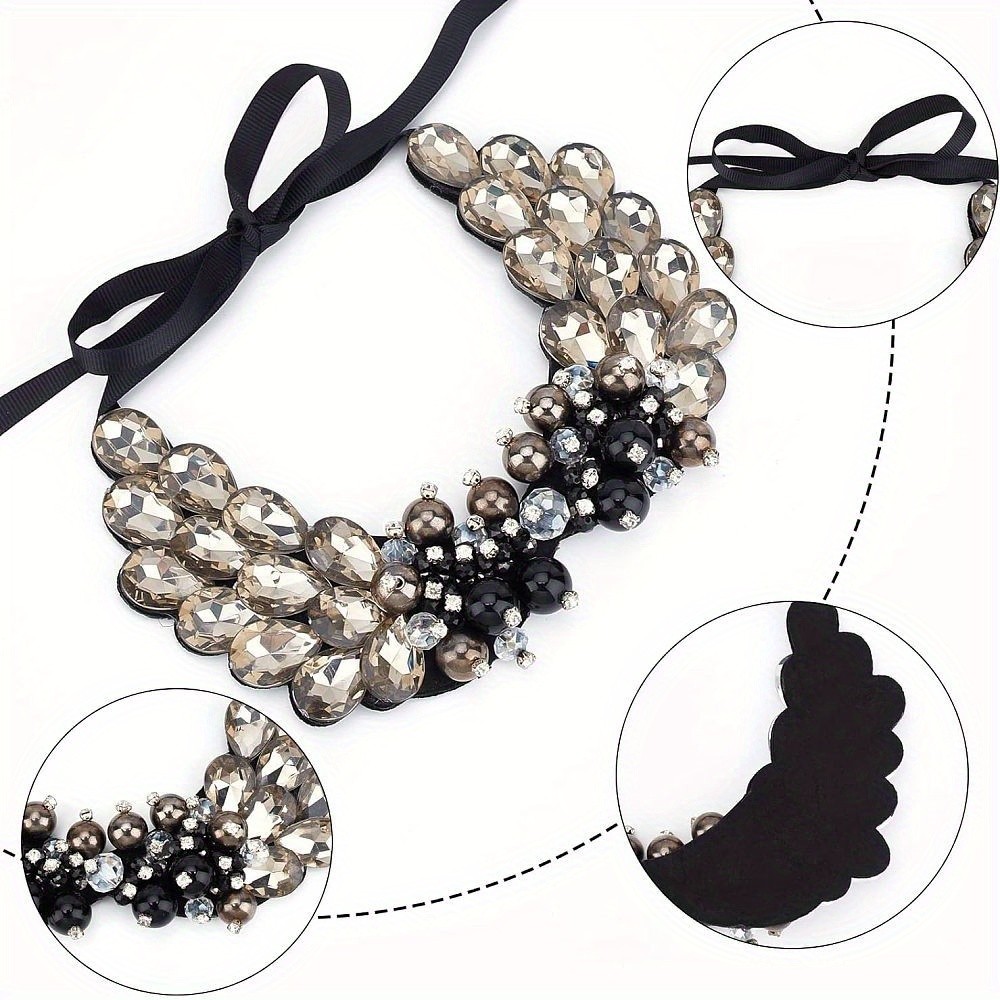 1set Vintage Black & Rhinestone Layers Bib Fake Stand Collar with Faux Pearl &