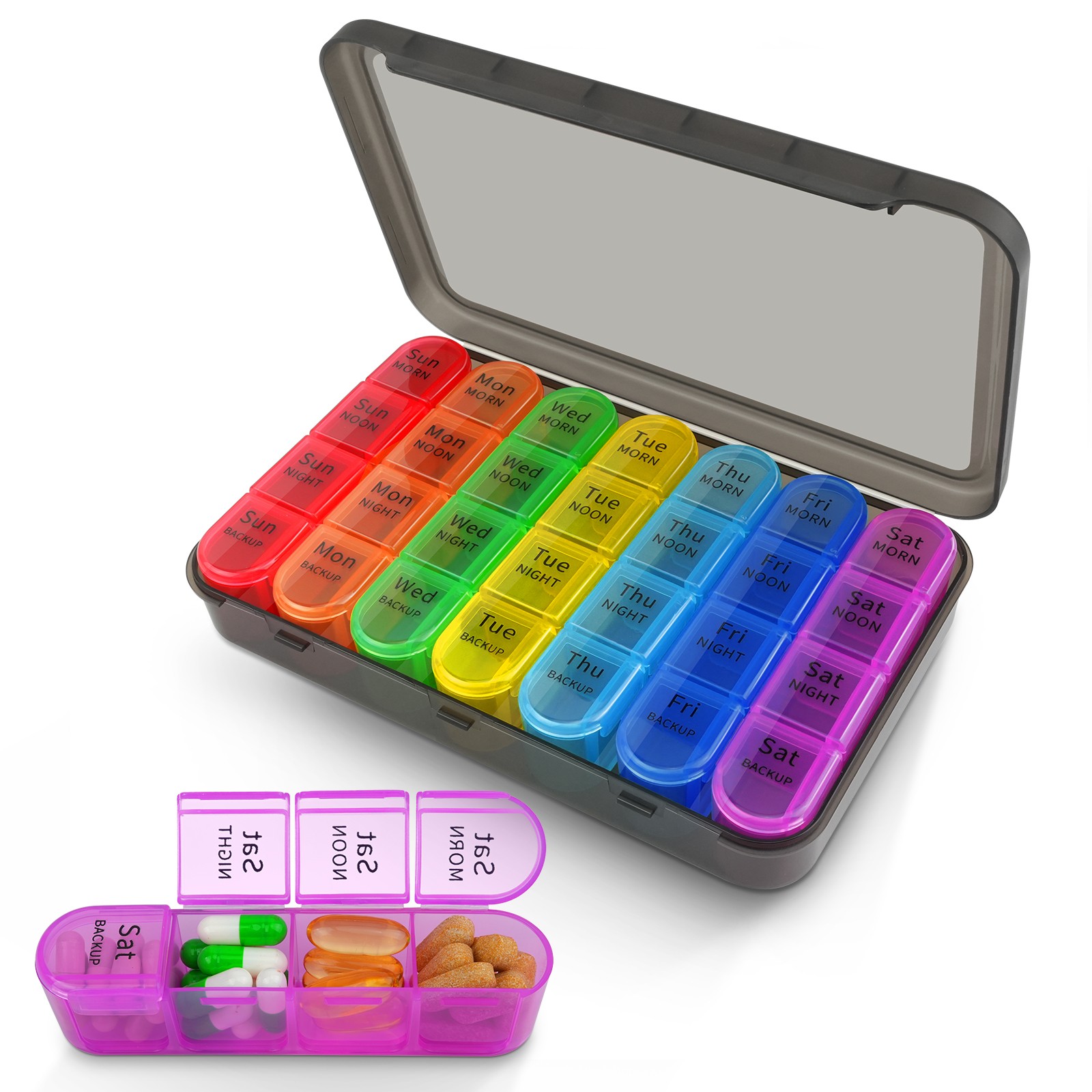 Durable Weekly Pill Organizer 7 Day AM PM 4 Times A Day Pill Box UV Printed Font