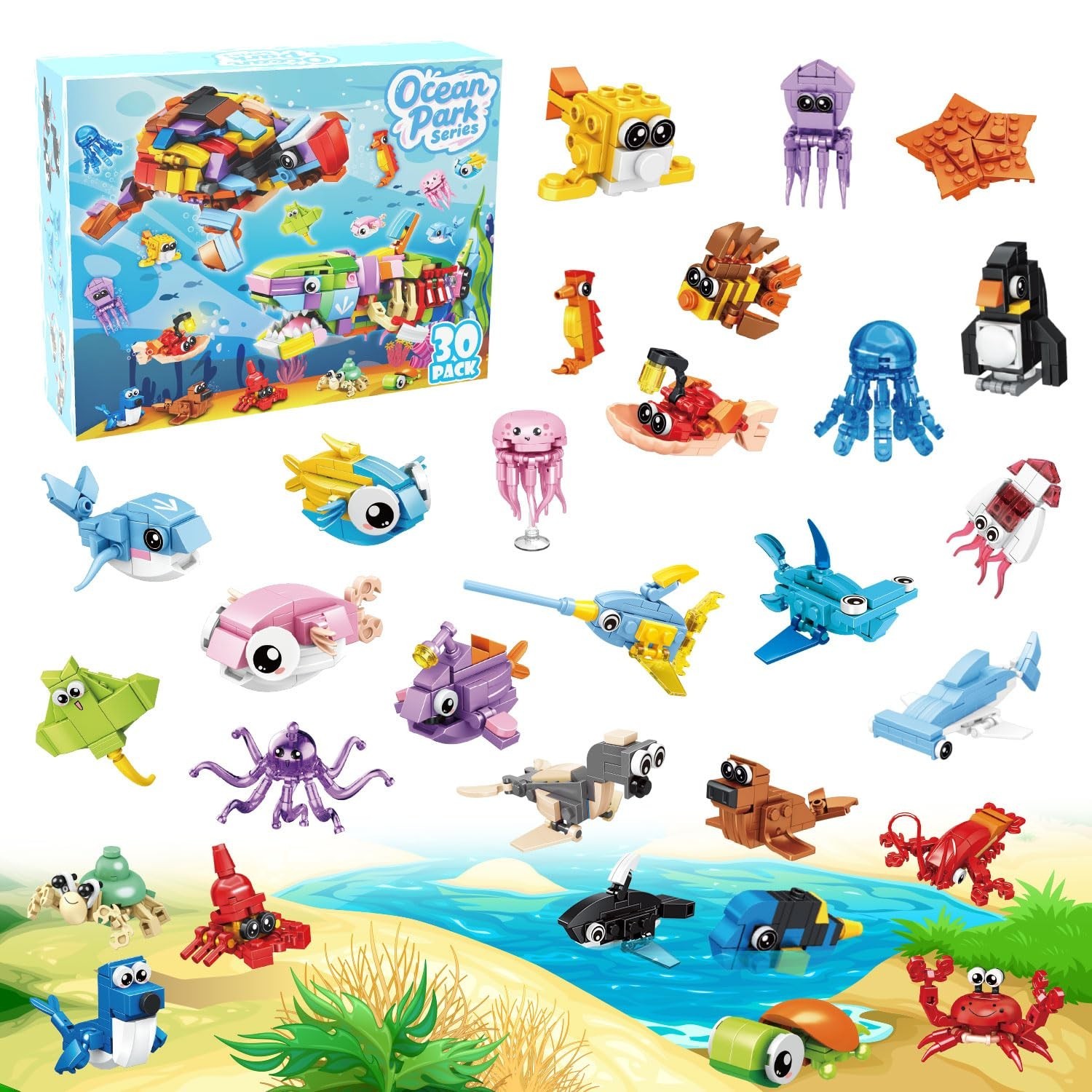 30 Packs Ocean Party Favors for Kids 895 PCS Mini Marine Animals Building Blo...