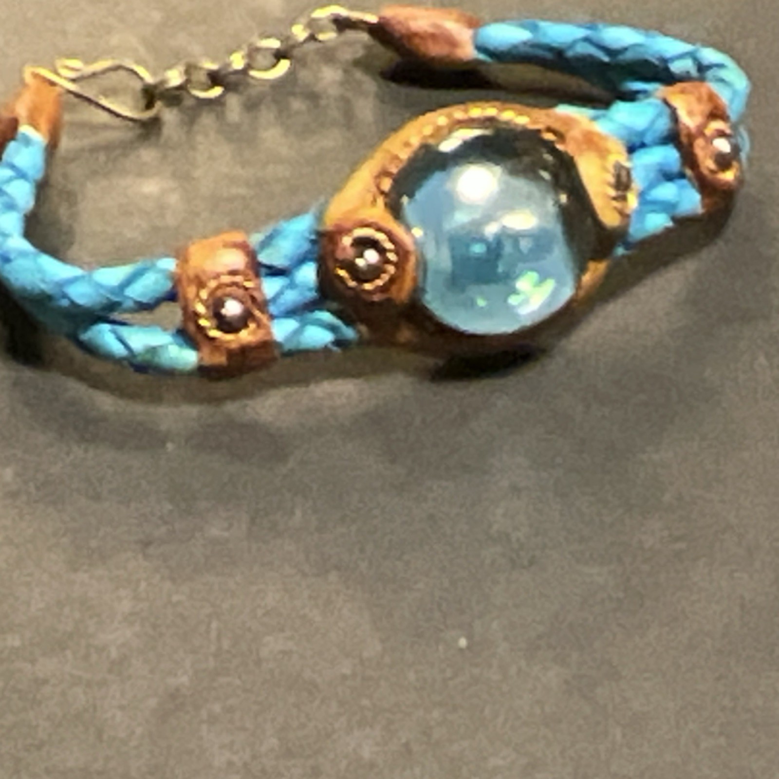 Blue Braided Leather Bracelet with Round Stone, Adjustable Hook Closure