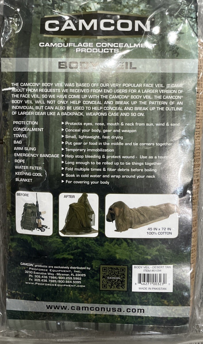 Camcon 61094 Desert Tan Body Veil 100% Cotton Camouflage Concealment