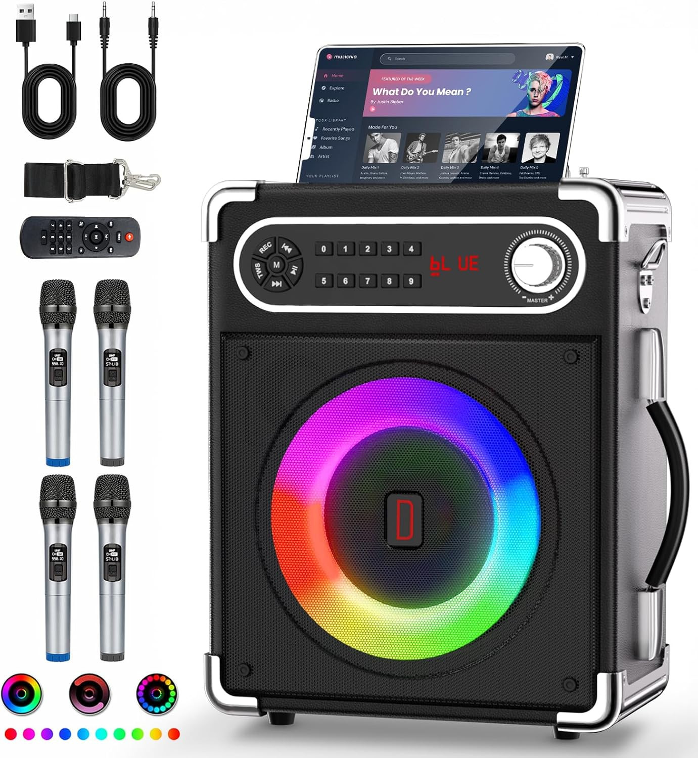 Portable Karaoke Machine with 4 Wireless Mics, Bluetooth Speaker & LED Lights