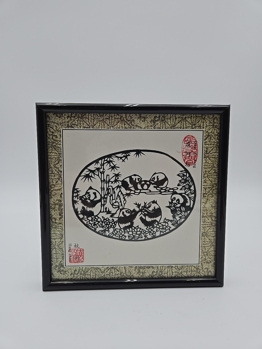 Vintage Framed Chinese Paper Art and Fabric Family Of Pandas Hang Zhou