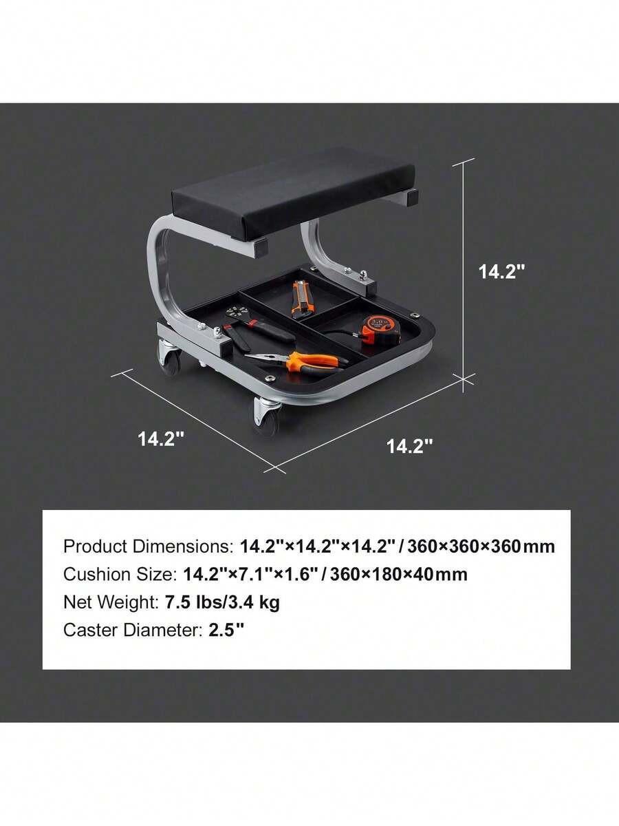 Black garage work stool with wheels, 250 lbs capacity, padded.