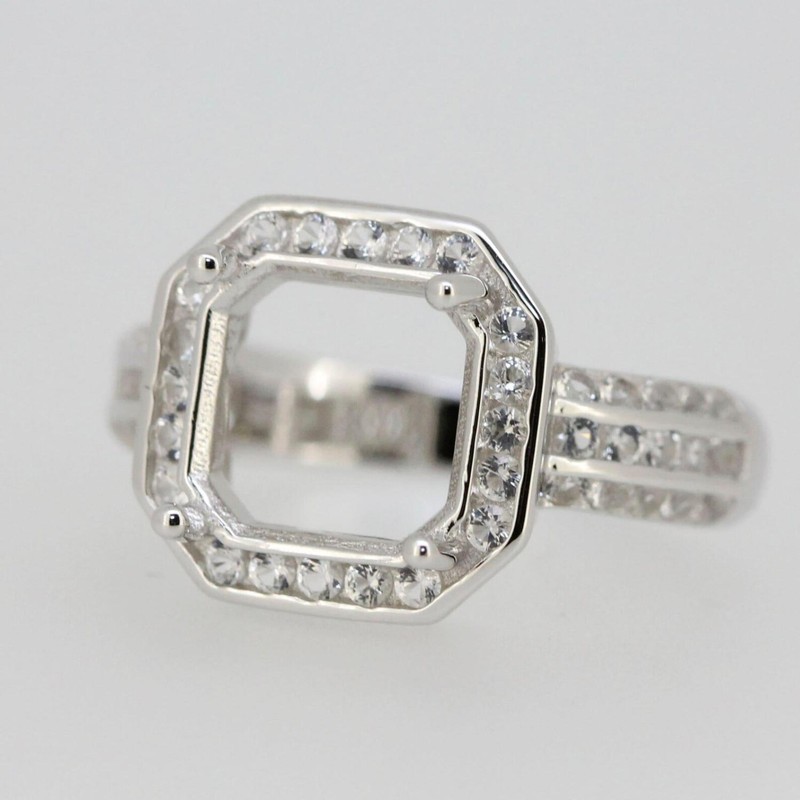 925 Sterling Silver 10mm Cushion Semi Mount Women Ring Octagon Pavé Halo Ring