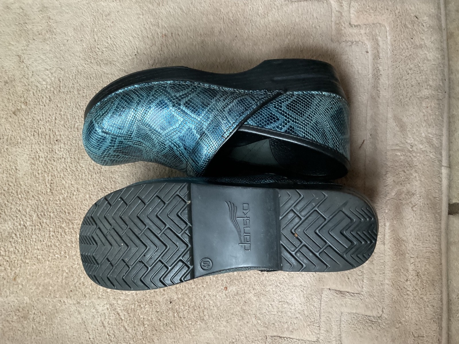 Pair of Blue "Gator Embossed" Dansko Clogs, sz. 40
