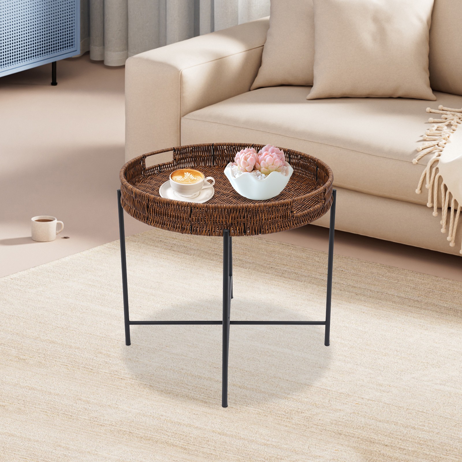 Black, Brown Small Round End Table Indoor Wicker Rattan Side Table,Round Tray
