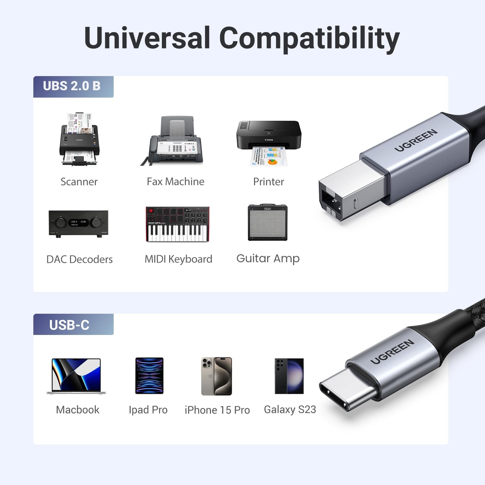 UGREEN USB C Printer Cable - 16 FT Nylon B to C 16 FT, Silver