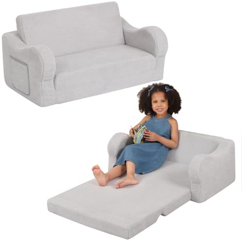 Extra Wide Toddler Chair, 2-in-1 Toddler Couch Fold Out, Convertible Large Grey
