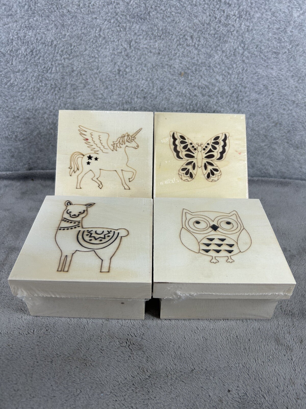 Set Of 4 Wooden Trinket Boxes Butterfly Owl Unicorn llama 4" X 2.5"