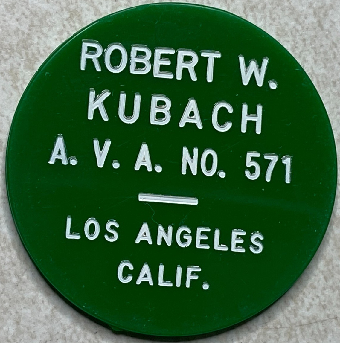 Plastic Token Collector Robert W Kubach Los Angeles AVA Convention Token T1264