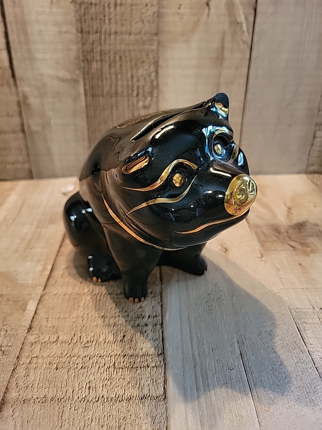 U.S Naval Academy Annapolis MD Black Glass Piggy Bank Souvenir Gold Trim Stopper