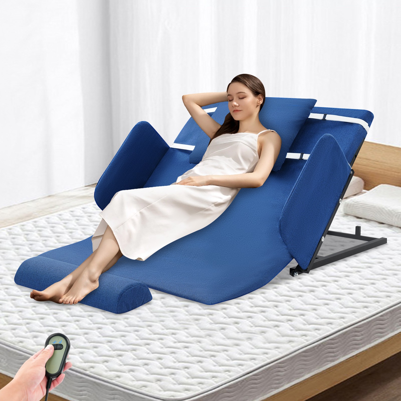Electric Adjustable Bed Backrest Lift 80° Elderly Support w/ Handrails Blue