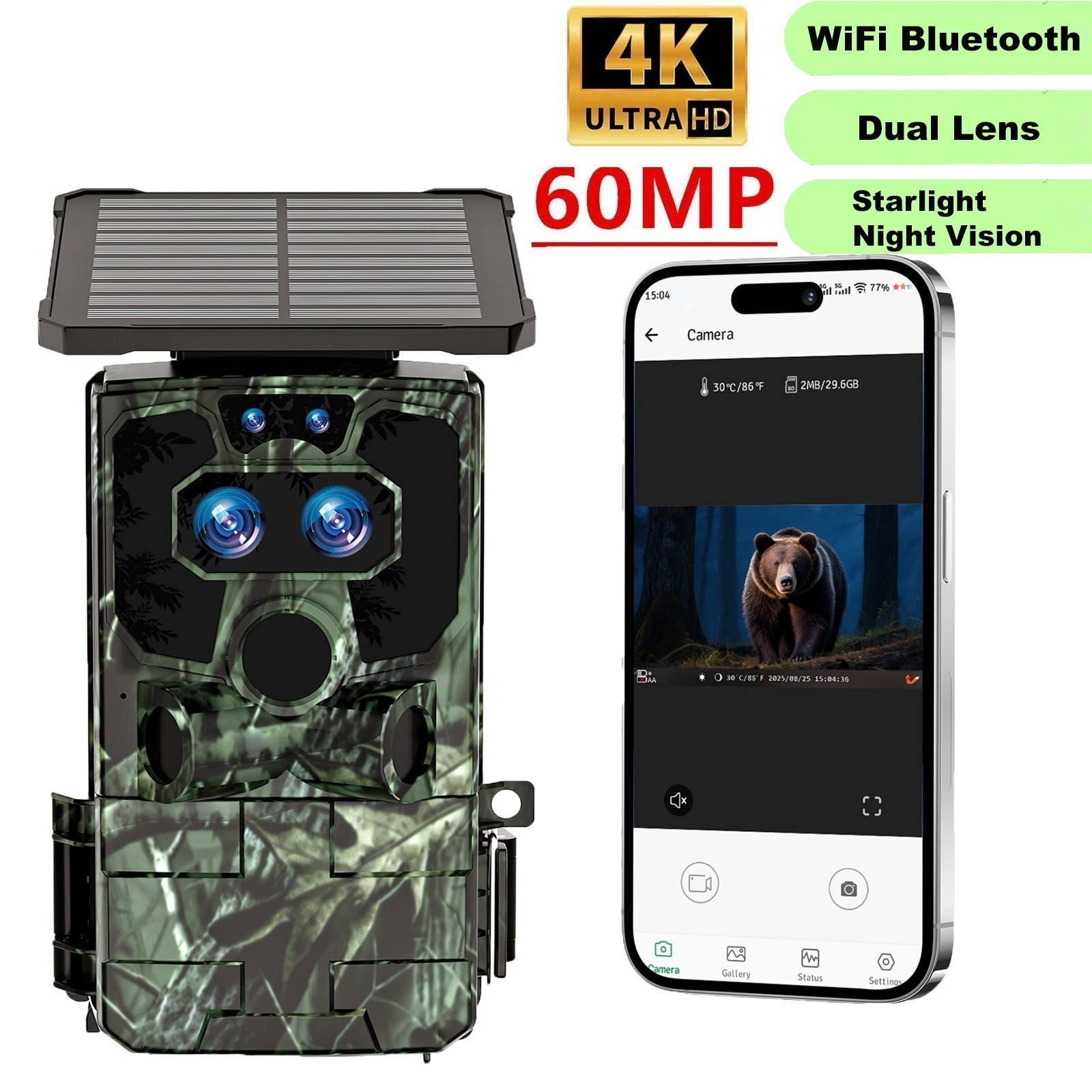 60MP Solar Trail Camera 4K Scouting Wildlife Hunting Game Cam Starlight Vision