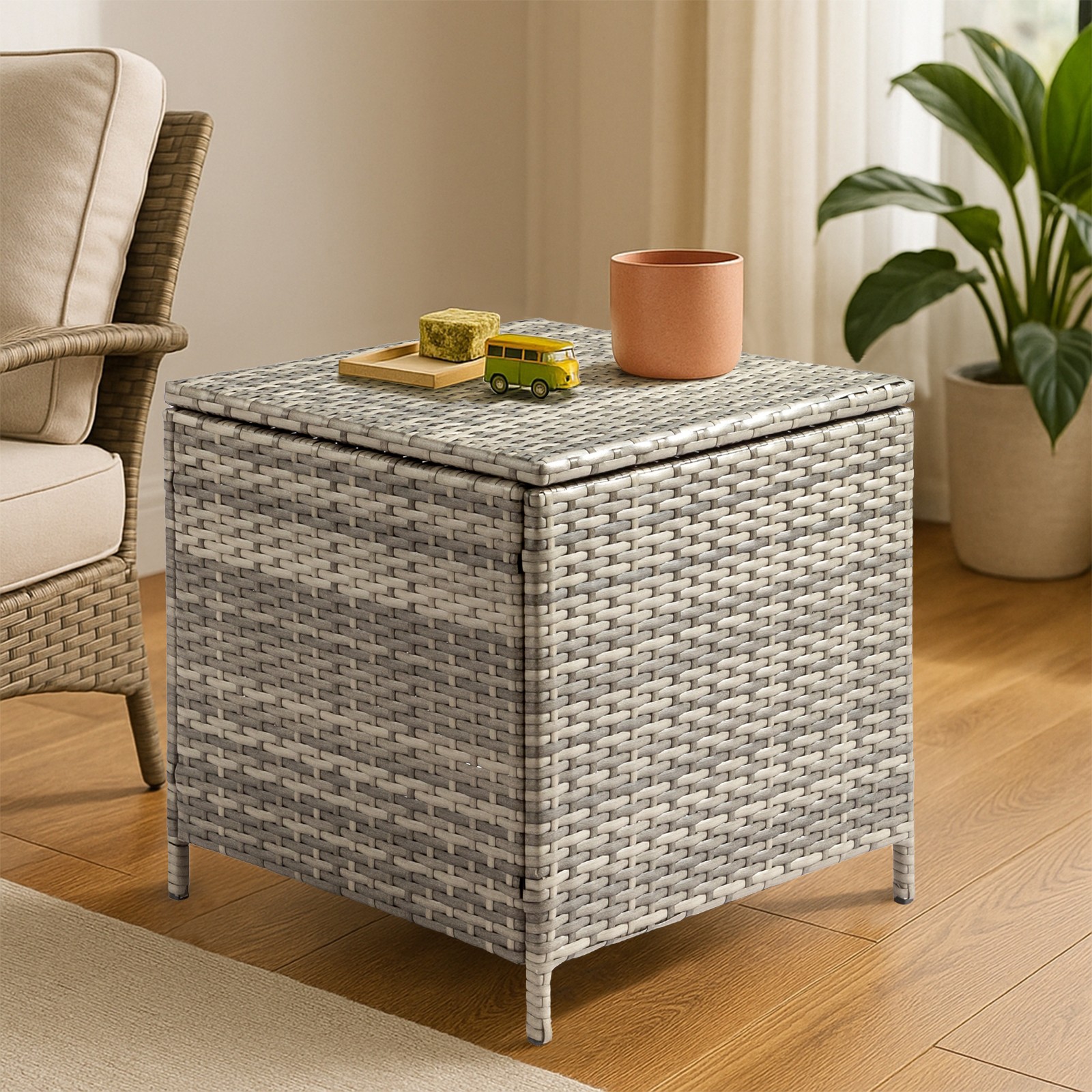 Outdoor PE Wicker Side Table with Storage, Patio Rattan End Table Square, Grey