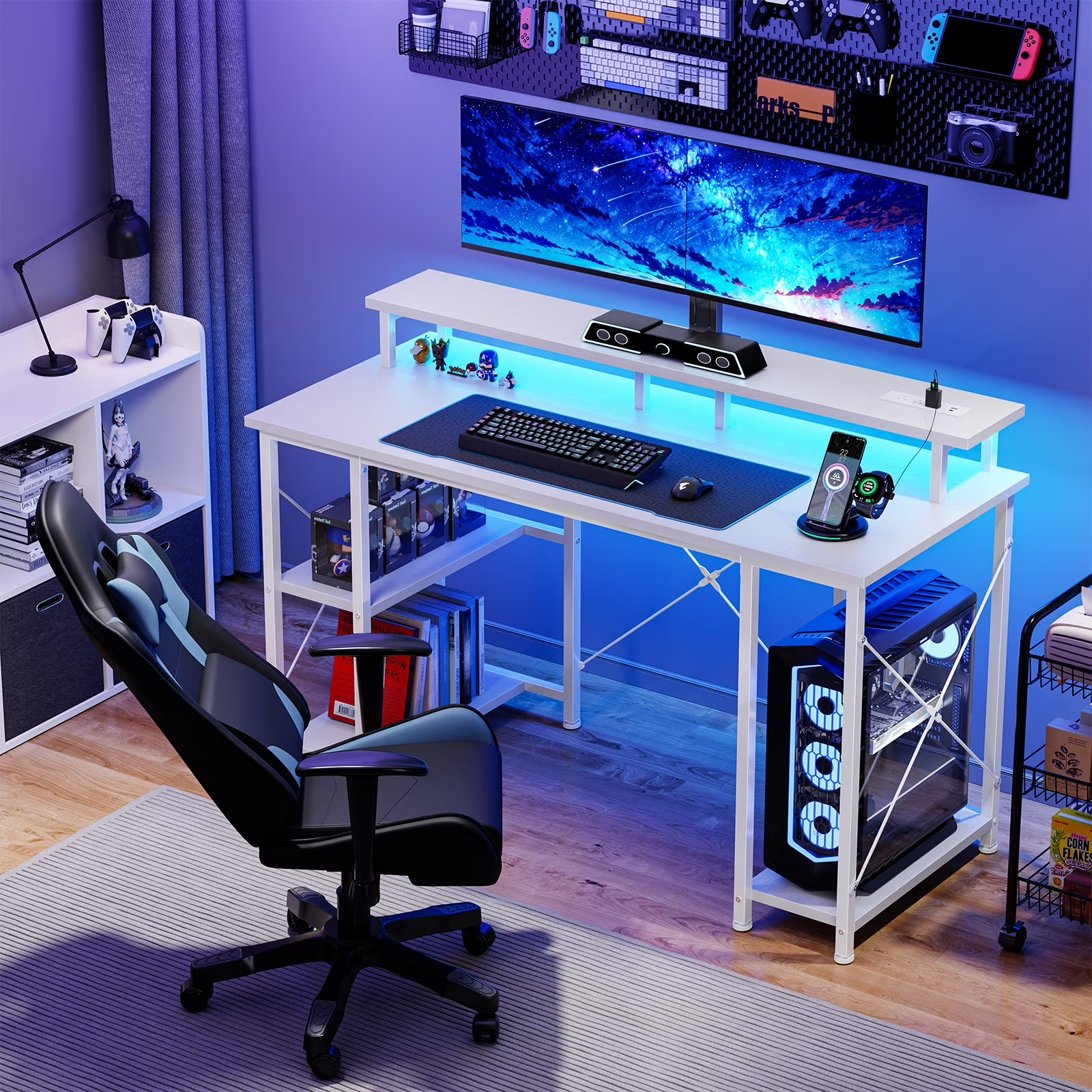 Mesa Escritorio Gamer De 48 Pulgadas Con Luz LED y Soporte Para Monitor Blanco