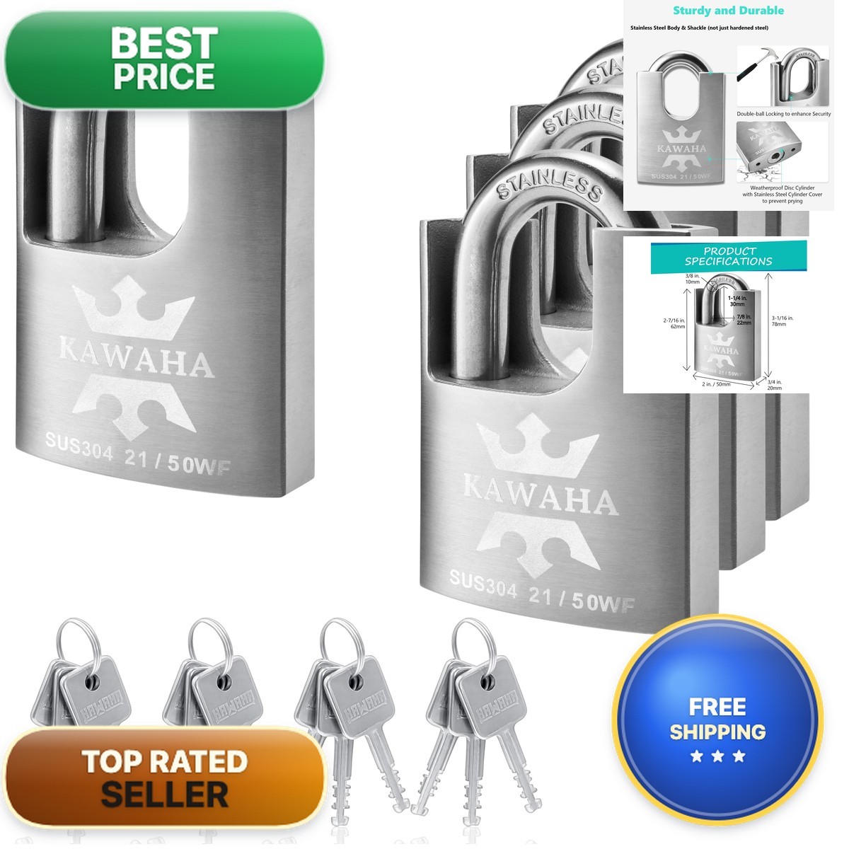 KAWAHA 21/50-4PS 2 in. 50mm SS Shrouded Padlock Keyed Alike 4 Pack