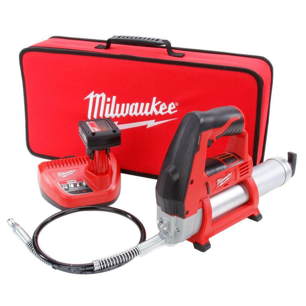 Milwaukee M12 Cordless Grease Gun Kit Battery Charger Toolbag Air Bleeder Valve