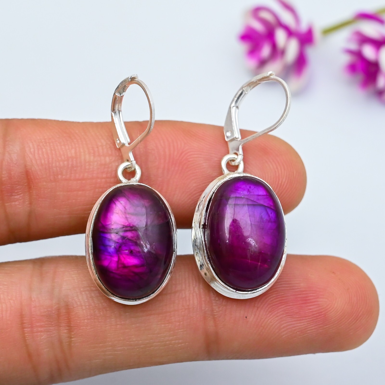 Pink Flash Labradorite Gemstone Handmade 925 Sterling Silver Jewelry Earrings