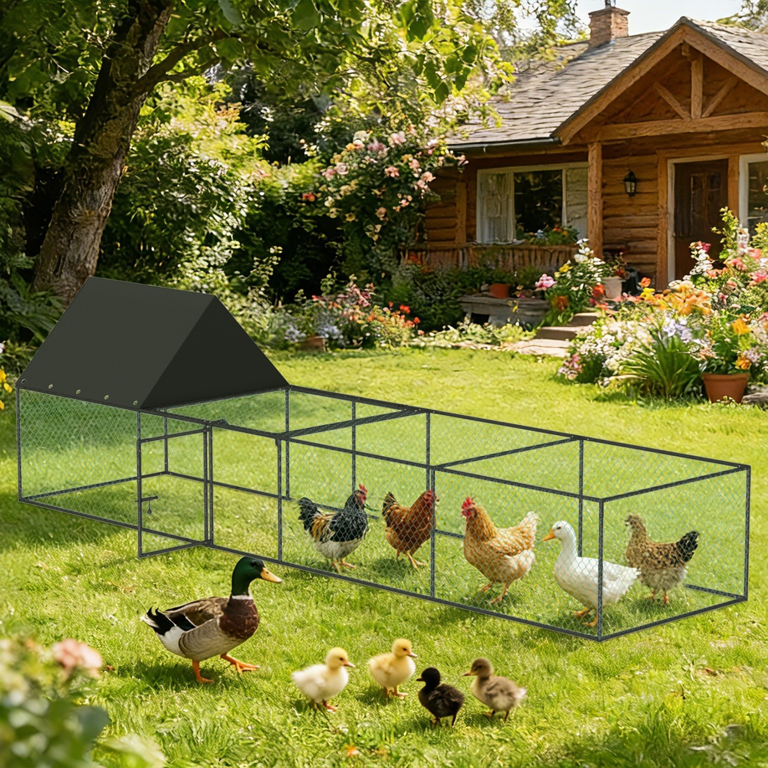 10x3ft Metal Chicken Coop Chicken Run House Poultry Habitat Cage w Shelter Cover