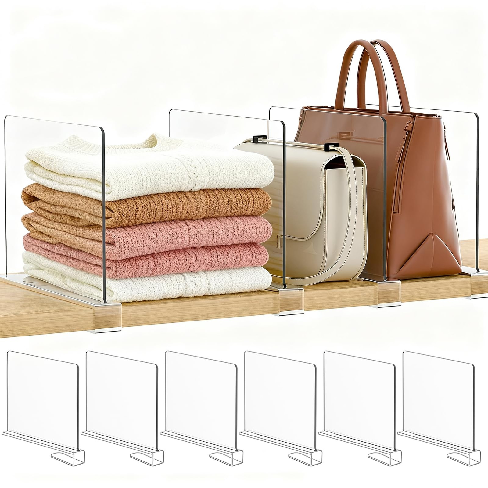 Purse Organizer for Closet Shelf Dividers: 6-Pack Adjustable Clear Acrylic Ba...