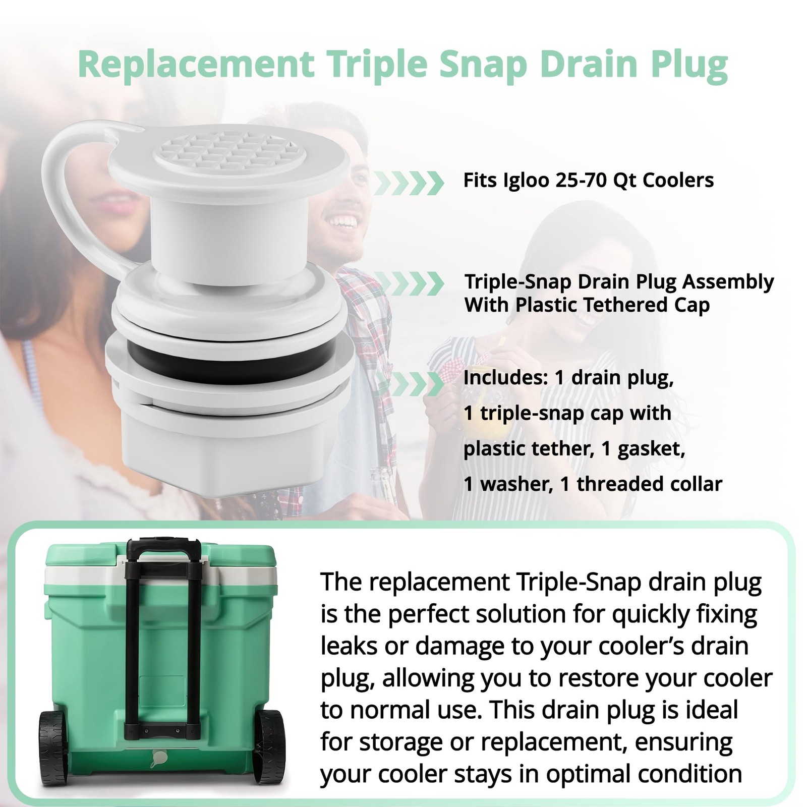 Triple-Snap Drain Plug for Coolers, Compatible with Igloo 25-70 Qt Ice White