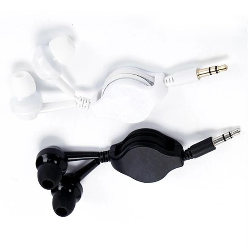 ThtRht 2 Pack Retractable Earbuds Wired Earphone Portable 80cm, black white