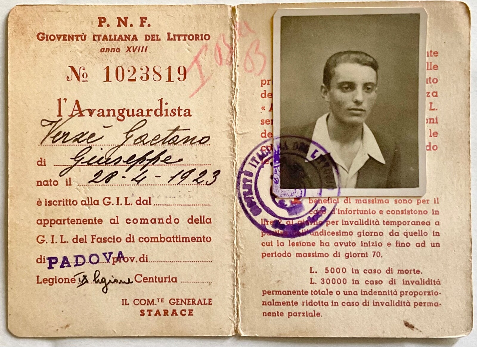 PADOVA GIOVENTÙ ITALIANA DEL LITTORIO TESSERA AVANGUARDISTA A. XVIII° 1940