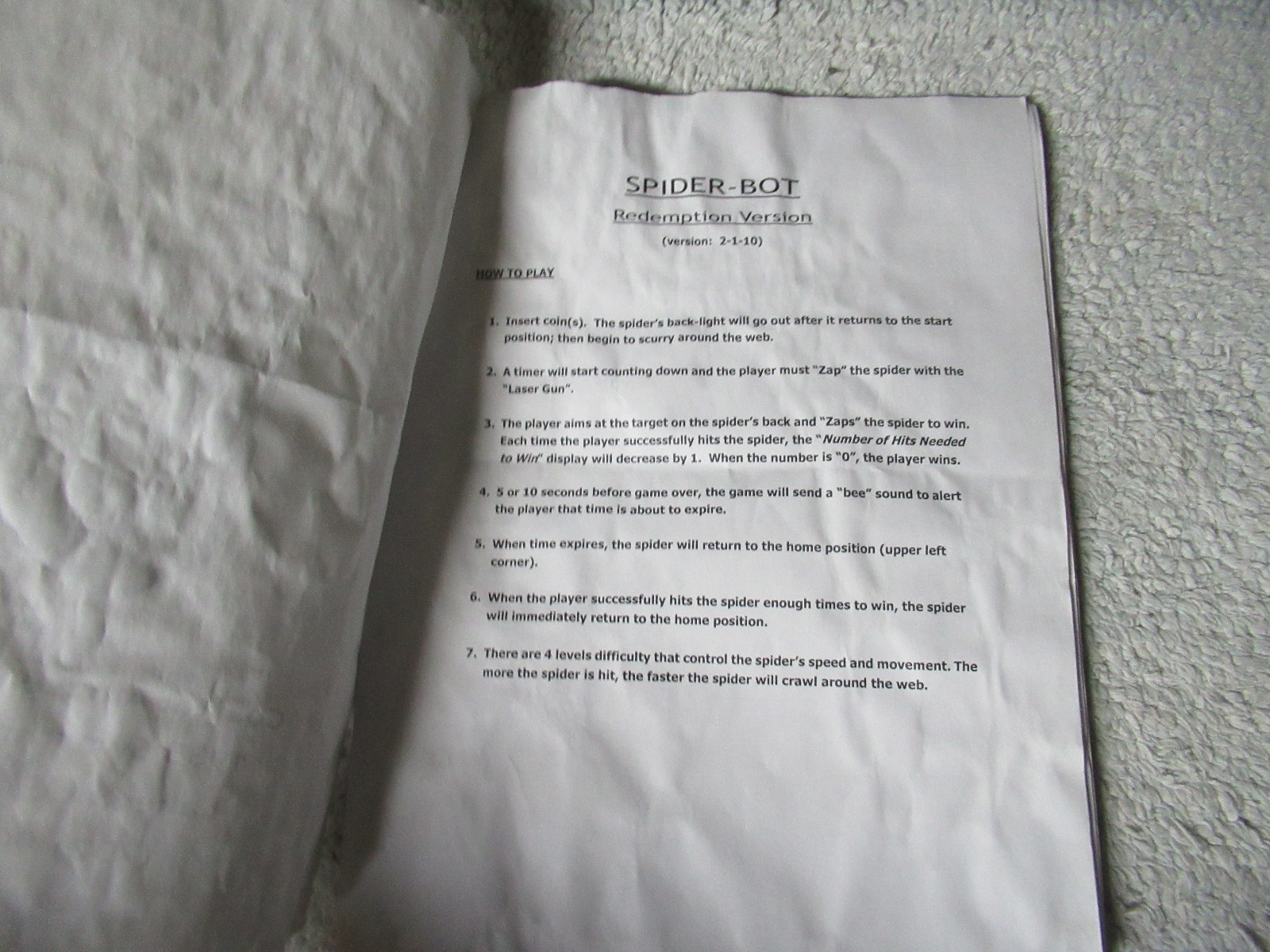 SPIDER BOT COASTAL arcade game manual