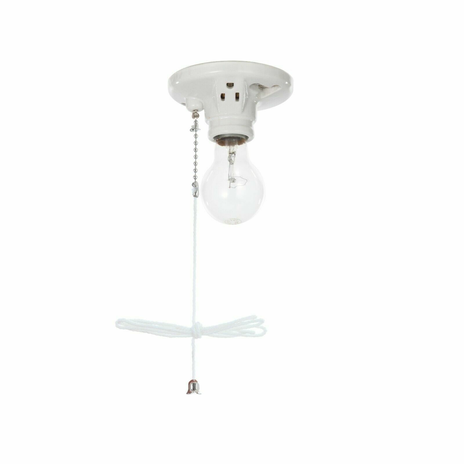 Basement Garage Room Porcelain Pull Chain Lamp Holder Socket with Power Outlet