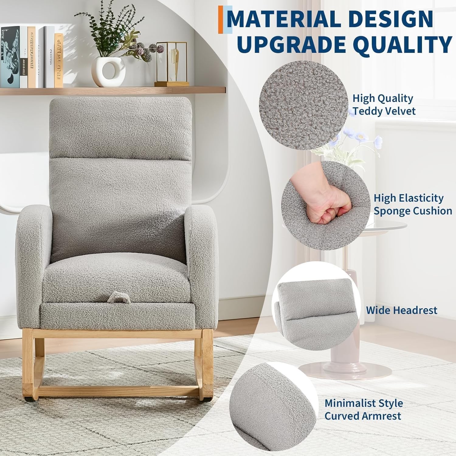 Gray Rocking Armchair,Velvet High Back Chair w Adjustable Footrest & Side Pocket
