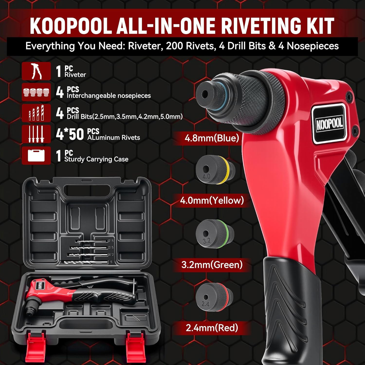Rivet Gun Kit, Manual Pop Rivet Tool with 200 Rivets and 4 Drill Bits, 4 Tool-Fr