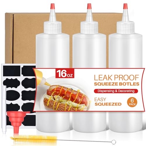 Squeeze Bottles, 16oz Plastic Condiment Squeeze Bottles with Labels & 3