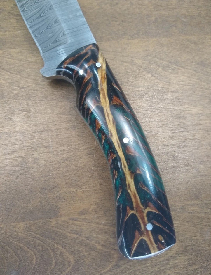 New Stauer Mighty Conifer Knife with Damascus Blade & Pinecone Handle w/ Sheath