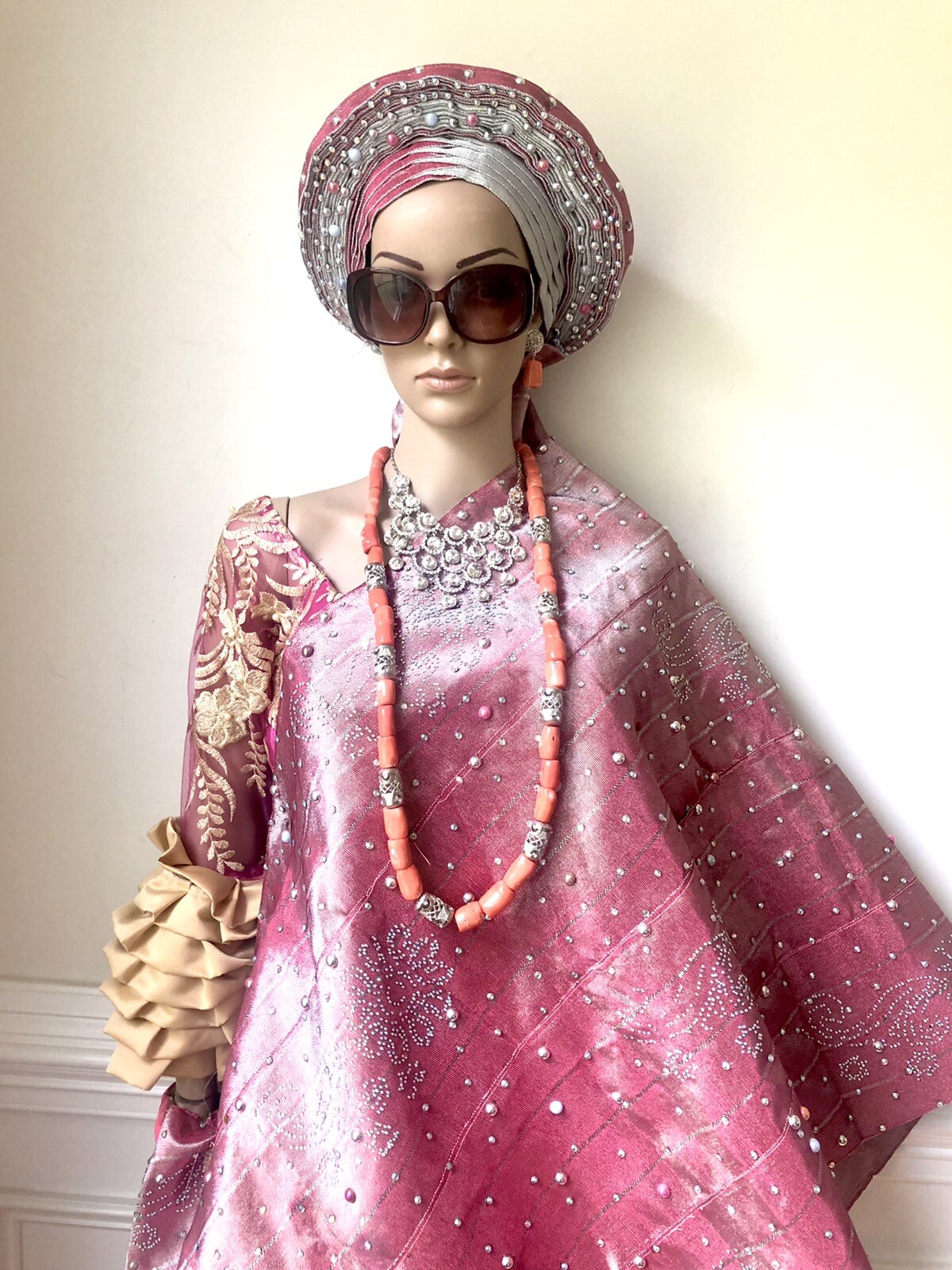 Pink Aso Oke Auto Gele With Shoulder Shawl,  Auto Gele, Pink Auto Gele, Head Tie