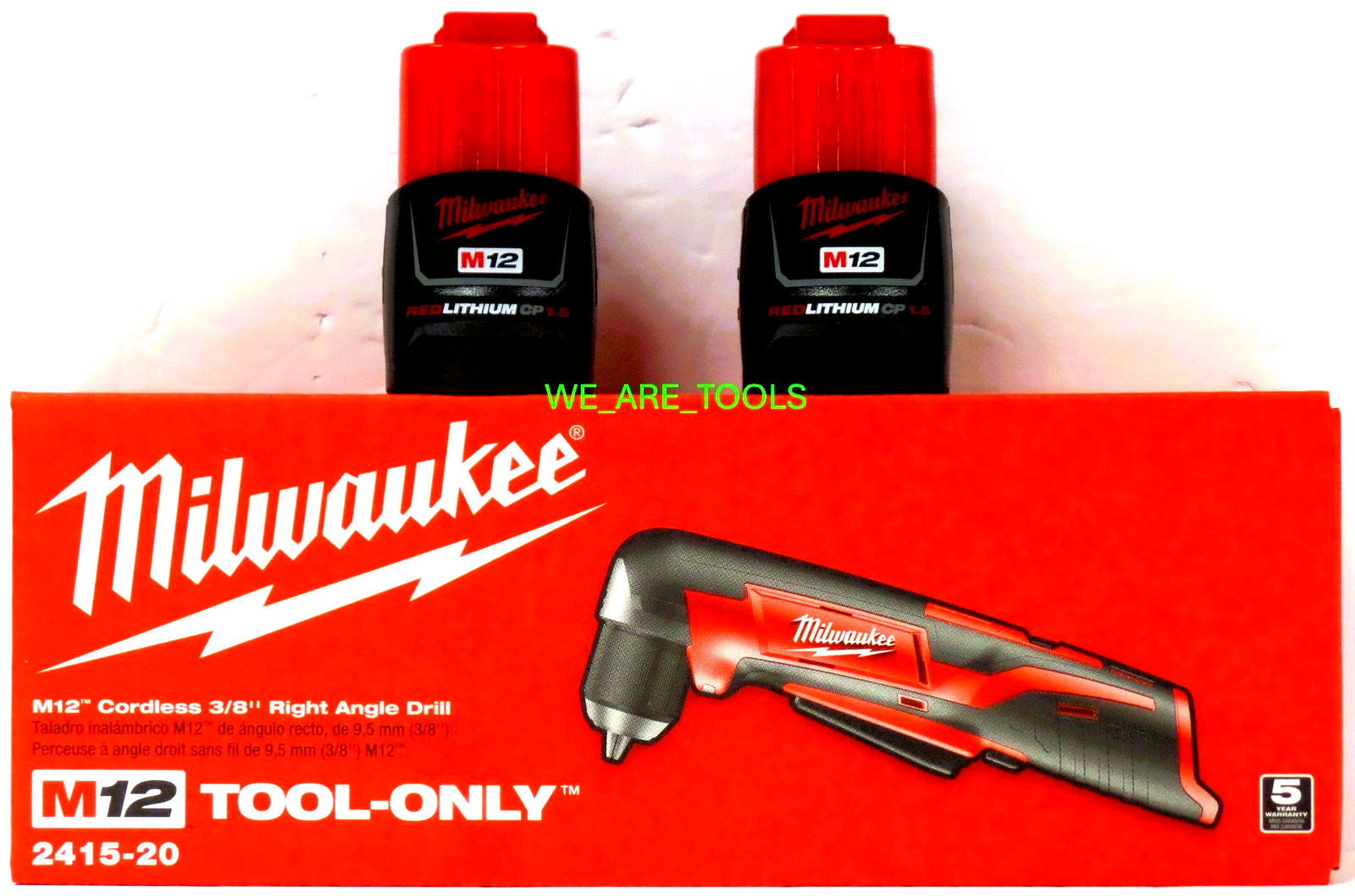 New In Box Milwaukee 2415-20 M12 3/8" Right Angle Drill, 2) 1.5 Ah Battery 12V